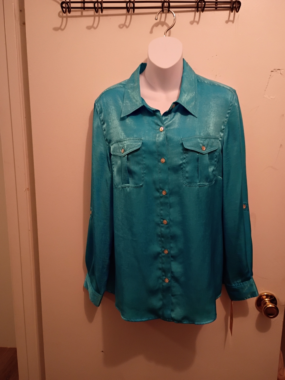 Ruby Rd. Shiny Teal Button-Up Blouse - Picture 1 of 4